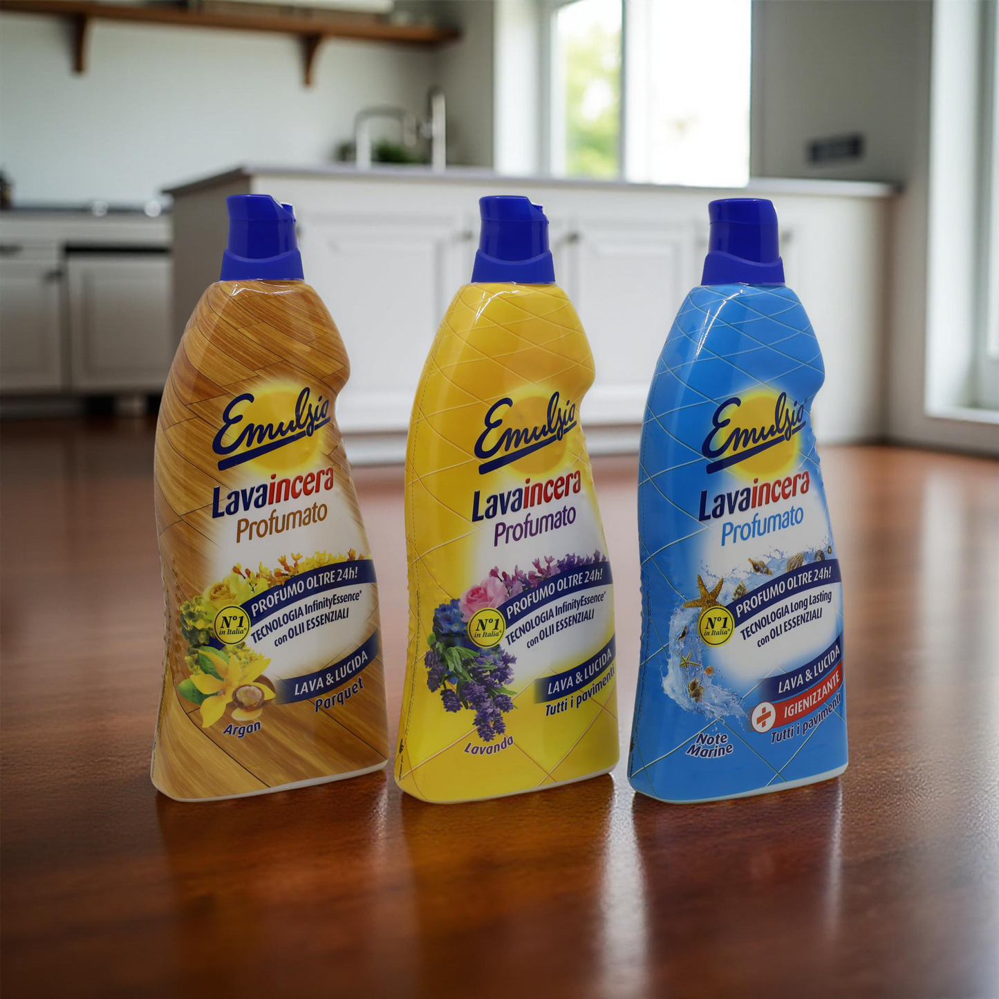Emulsio Lavaincera Profumato Parquet 875 ml – čisticí a ochranný přípravek na lakované dřevěné a laminátové podlahy, dlouhotrvající vůně, ideální pro domácnosti se zvířaty